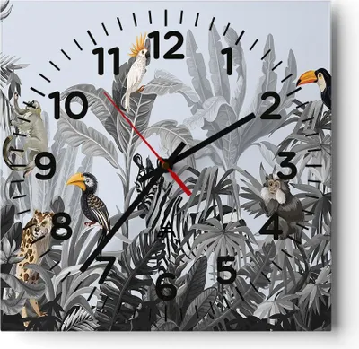 Produktbild von Wanduhr - Quadrat - Glasuhr - Dschungel Tiere Tukane - 30x30cm - Schleichendes Uhrwerk - Lautlos - zum Aufhängen bereit - Dekoration Modern - Wanddekoration aus Glas - C4AC30x30-4662