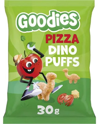 Immagine prodotto di Goodies Snack Dino Puffs Gusto Pizza, 30 g, croccanti snack dinosauro per bambini dai 3 anni in su