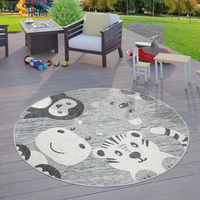 Produktbild von TT Home Kinderzimmer Kinder Outdoor Teppich Rund Spielteppich Tier Design Grau Größe 120 cm Rund