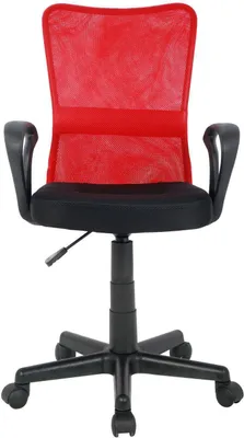 A red and black office chair shown from the front against a white background.