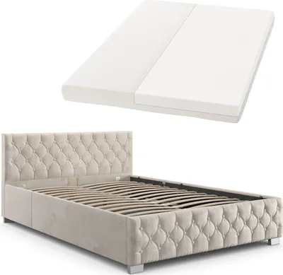 Produktbild von Juskys Polsterbett Nizza 120x200 cm mit Matratze - Bettgestell mit Lattenrost, Stauraum & LED Beleuchtung - Samtbezug, Chesterfield-Steppung - Beige