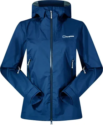 Dunkelblaue Hardshelljacke für Damen von Berghaus mit Kapuze und Reißverschlusstaschen.