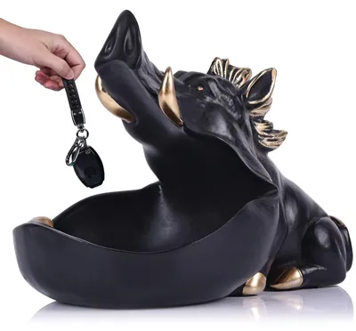 Wildschwein-Skulptur aus Harz, schwarz-gold, Dekoschale, 19,5 cm
