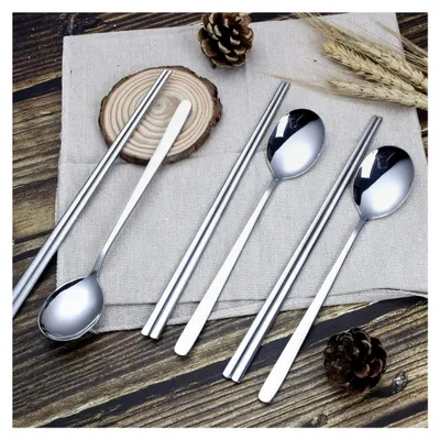 Produktbild von Edelstahl Essstäbchen und Löffel, 3 Stück, lebensmittelechtes 18/10 Metall, lange Hand, flach, quadratisch, spülmaschinenfest