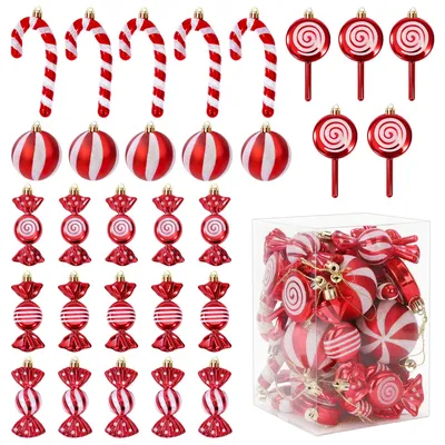 Weihnachtsbonbonkugeln, 30 Stk., rot-weiß, mit Pailletten