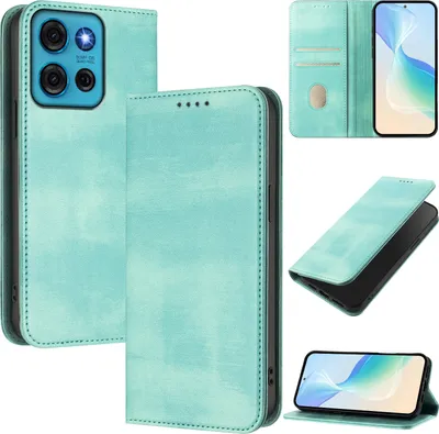 Obrázek produktu pro Pouzdro pro Motorola Moto G75, vintage kožené pouzdro s RFID ochranou, přihrádkami na karty, stojánkem Tyrkysový
