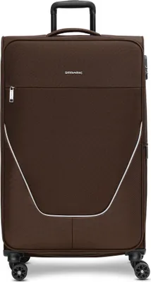 A brown suitcase with wheels and a retractable handle.