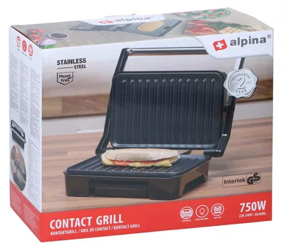 Obrázok produktu pre kontaktný gril alpina 750 W - Optigrill - Panini gril - nepriľnavý povrch - kontrolka - odnímateľná odkvapkávacia miska - grilovacia doska 23 x 14,5 CM - strieborná/čierna
