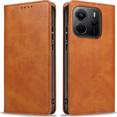 A brown leather flip case for a smartphone is shown from two angles.