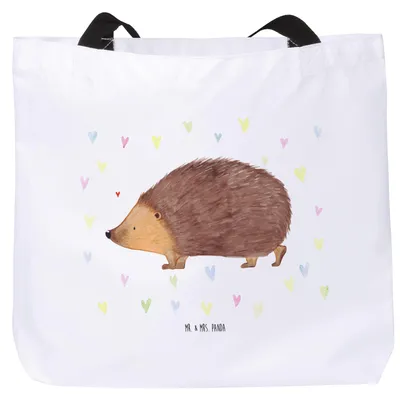 Produktbild von Mr. & Mrs. Panda Stoffbeutel Igel Herzen - Weiß - Geschenk, Liebe, Pandatasche, Tasche, Beutel, Leben, Büchertasche, Tote Bag, Herz, Kuss, Laptoptasche, Gute Laune