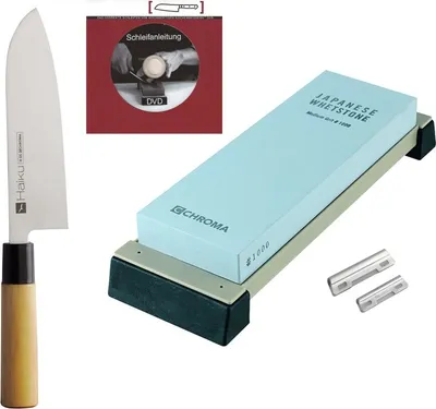 Produktbild von Chroma Haiku 4-teiliges Messerset: Santoku + Schleifstein + Schleifhilfe + DVD