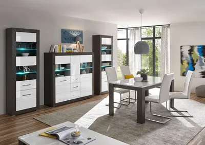 Produktbild von Etero Wohnzimmer Set 279cm dark concret / weiß Hochglanz Esstisch