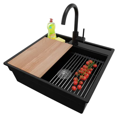 Produktbild von PRIMAGRAN Granitspüle Schwarz 58x53cm, Spülbecken 1 Becken + Ablauf-Set + Küchenzubehörset, Küchenspüle ab 60er Unterschrank - Oslo Pocket