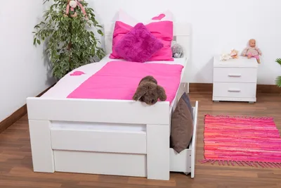 Produktbild von Kinderbett 90 x 200 cm | Massivholz: Buche | Weiß Lackiert | inkl. 2 Schubladen und Lattenrost