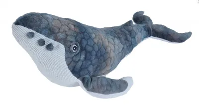 A plush toy whale on a white background.