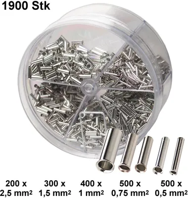 Produktbild von Aderendhülsen isoliert unisoliert blank 0,34-16 mm² Sortiment Box Dose Kabel - Bauform / Art: Set blank einadrig 0,5-2,5 mm² - Querschnitt: 0,5-2,5 mm² - Menge: Gesamt 1900 Stk