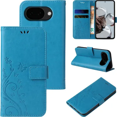 Produktbild von Handyhülle für Google Pixel 10a Floral Blumen Schmetterling Flip Cover Hülle Case Klapphülle Handytasche Farbe: Blau