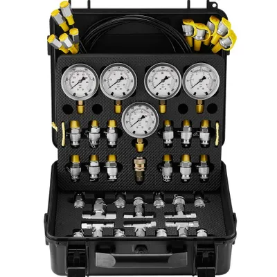 Obrázek produktu pro Sada pro testování hydraulického tlaku - 10/100/250/400/600 barů - 5 manometrů - 13 spojek - 14 T-spojek - 5 zkušebních hadic - Sada manometrů pro testování hydrauliky rypadel - Brašna pro přenášení - Stroje pro traktorbagry