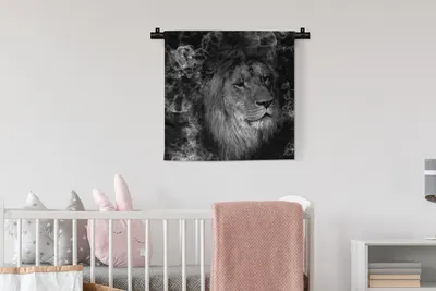 Produktbild von MuchoWow® Wandteppich Wandbehang Löwe - Rauch - Tiere - Schwarz - Weiß 60x60 cm Tapisserie Dekoration Wandtuch - Dekorationen - Wand Decke