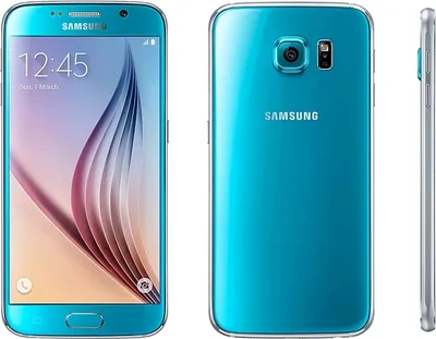 A Samsung Galaxy S6 smartphone is shown from the front, back, and side.