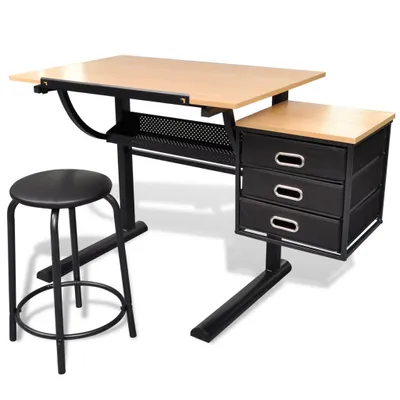 Produktbild von vidaXL Zeichentisch mit neigbarer Tischplatte 3 Schubladen und Hocker