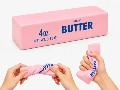 Produktbild von Butter Squishy Rosa Salted Butter – Quetschspielzeug Fidget Toy, KI-generiertes Bild