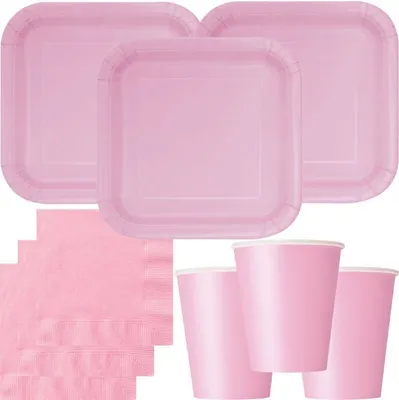 Produktbild von Party Deko Set rosa Einweggeschirr für 14 Personen eckige Teller, Becher, Servietten Hochzeit Geburtstag