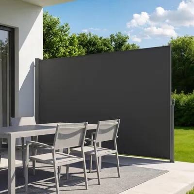 Produktbild von VEVOR Seitenmarkise Ausziehbar 180x300 cm, Seitenrollo aus 180 g/m² Polyestergewebe, Wandmarkise, Windschutz, Sonnenschutz, Sichtschutz, Raumteiler für Garten, Balkon, Pool, Terrasse, Grau