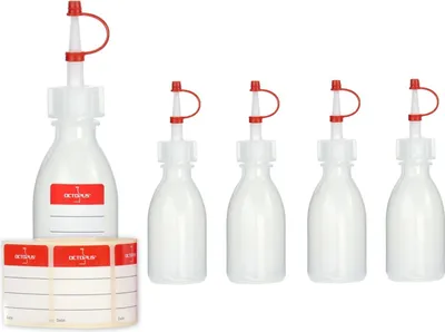 Produktbild von 5 Plastikflaschen 50 ml aus LDPE, natur, G18, Tropfverschluss, rotes Halteband und Käppchen