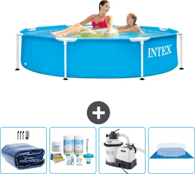 Produktbild von Intex-Schwimmbecken mit rundem Rahmen – 244 x 51 cm – Blau – im Lieferumfang enthalten Sonnensegel - Wartungspaket - Filterpumpe für Schwimmbad - Bodenplane