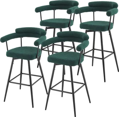 Obrázek produktu pro ML-Design Barové židle otočné, sada 4 ks, tmavě zelená plyšová látka, výška 76 cm, barové židle, kuchyňské židle s područkami a opěrkou zad, otočné židle o 360° s opěrkou nohou
