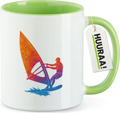 Produktbild von Huuraa Kaffeetasse Windsurfen bunte Silhouette 330ml Grün Keramik Kaffeebecher Geschenkidee