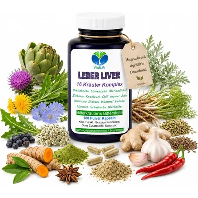 Produktbild von Leber Liver Bitterstoffe & Bitterkräuter Komplex – 180 Pulver Kapseln – 16 Naturkräuter Ohne Zusatzstoffe