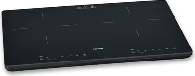 A black induction cooktop with four heating zones and control buttons.