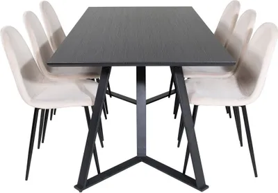 Produktbild von MarinaBLBL Essgruppe Esstisch schwarz und 6 Polar Esszimmerstühle Velour beige.