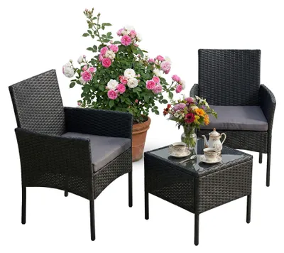 Imagen del producto de Juego de jardín de ratán de 3 piezas con cojines y mesa