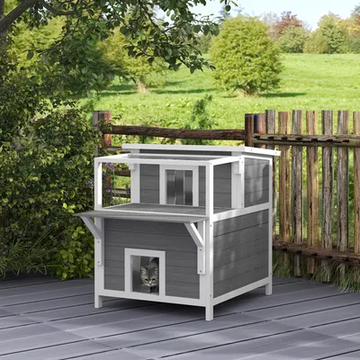 Produktbild von Katzenhaus 2-stöckig mit Balkon, Katzenhütte wetterbeständig, Tannenholz Asphaltdach, Hellgrau | 64x87x76 cm | 13,5 kg | In- & Outdoor