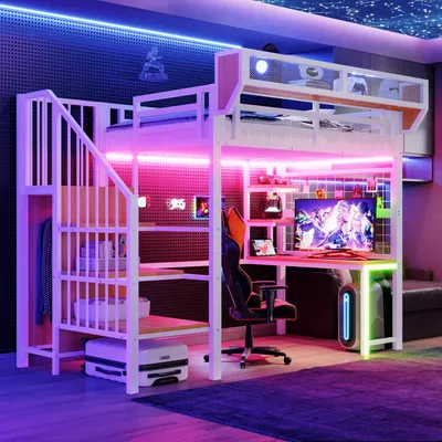 Productafbeelding van Metalen halfhoogslaper 90x200 cm met bureau, plank, opbergladder, LED-verlichting, stopcontacten en veiligheidshekje, ruimtebesparend kinderbed, wit