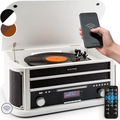Produktbild von Auna Plattenspieler mit Lautsprecher, Retro Plattenspieler mit Bluetooth und 3 Geschwindigkeiten, Schallplattenspieler im Vintage Design, Vinyl Record Player mit USB, Plattenspieler für Schallplatten