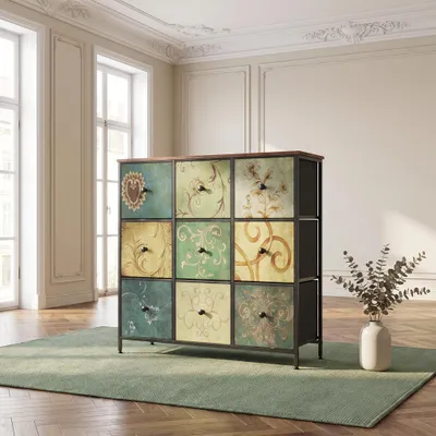 Obrázok produktu pre Komoda INONEFT s 9 zásuvkami, potiahnutá látkou, s kovovým rámom, komoda do obývačky, spálne alebo predsiene, rozmer 100x30x86,5 cm