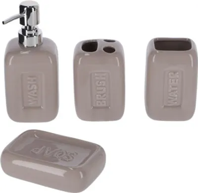 A set of four bathroom accessories, including a soap dispenser, toothbrush holder, cup, and soap dish, arranged on a white background.