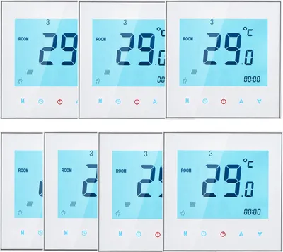 A collage of digital thermostats displaying room temperature.