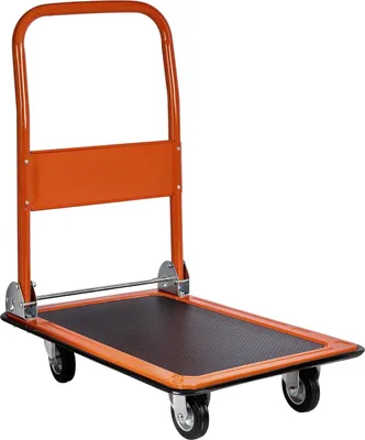 An orange and black folding platform trolley on a white background.