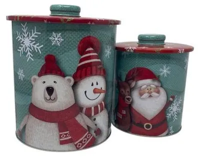 Produktbild von 2tlg. Weihnachtsdosen Set mit Deckel, verschiedenen Größen, Rund, ineinander stapelbar, Vorratsdose Metalldose Plätzchendose