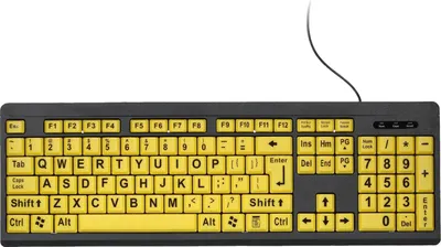 A black keyboard with yellow keys and large print characters is shown against a white background.