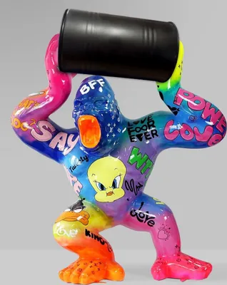 Produktbild von Casa Padrino Luxus Deko Skulptur Gorilla Affe mit Fass Mehrfarbig / Schwarz H. 240 cm - Große Deko Figur - XXL Deko Skulptur - XXL Deko Figur - Wohnzimmer Deko - Garten Deko - Luxus Figuren