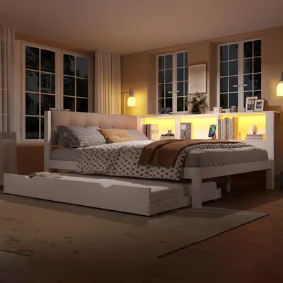 Immagine prodotto di Letto da giorno Merax per bambini 140x200cm, con letto estraibile, illuminazione LED, ripiano, connessione USB, schienale, divano letto in legno di pino, letto da giorno, bianco