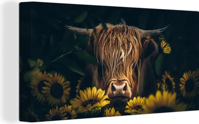 Produktbild von MuchoWow® - Leinwandbilder - Schottische Highlander - Blumen - Kuh - Botanisch - Tiere, Wandbild, Wanddeko Bilder Wohnzimmer, 80x40 cm