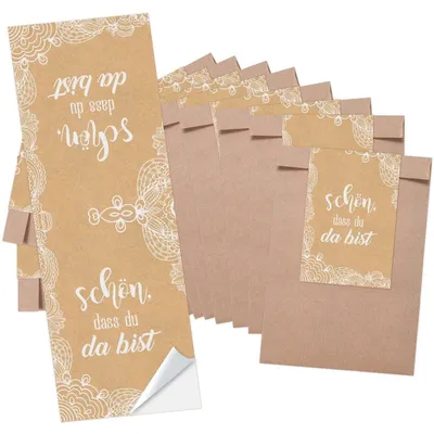 Produktbild von 10 kleine braune Papiertüten Geschenktüten Geschenk-Verpackung (8,5 x 13 cm) und 10 lange Aufkleber 5 x 14,8 cm SCHÖN DASS DU DA BIST Tafel-Optik"Schön, dass du da bist" beige / 25 Stück