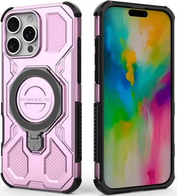 Obrázek produktu pro Odolný kryt na mobil pro iPhone 16 Pro Max, robustní pouzdro s prstenovým stojánkem, magnetický držák a stojánkem Růžový